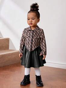 SHEIN Baby Girl Graphic Print Shirt & PU Leather Skirt