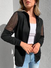 RueChic Contrast Fishnet Zip Up Hoodie - Black - View 1