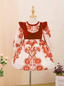 SHEIN Cô Gái Trẻ In hoa Viền Ruffle tay áo lá sen Váy 2 trong 1 - Màu Đỏ Sâu - Xem 7