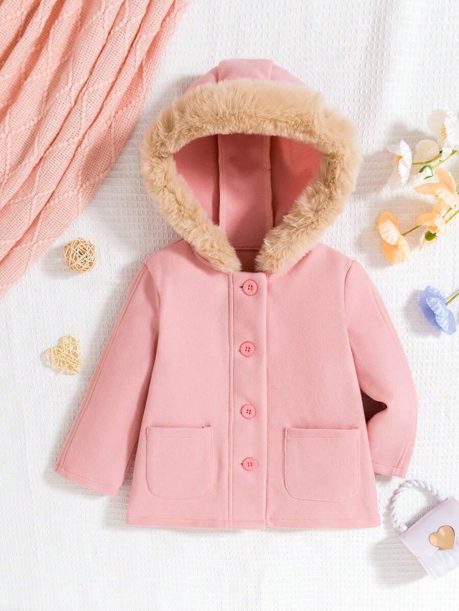 SHEIN 女童淑女風連帽毛呢大衣 - 粉色 - 查看 1
