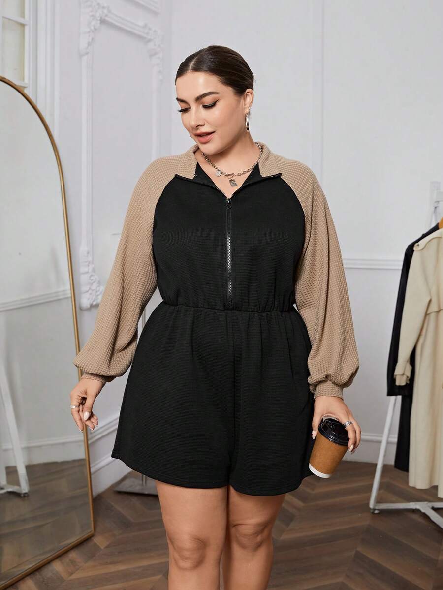 SHEIN Essnce Hơn Khối màu Tay Raglan Romper - Nhiều màu - Xem 1