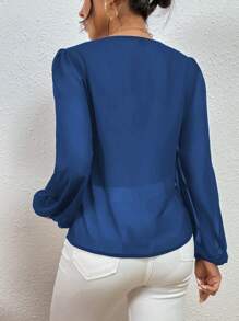 SHEIN Clasi Ren Vá lại Tay áo lồng đèn Áo sơ mi - Màu xanh ngọc - Xem 2