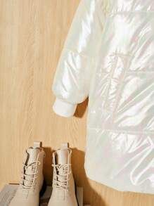 SHEIN Tween Girl Fuzzy Trim Hooded Drop Shoulder Zipper Padded Coat - White - View 4