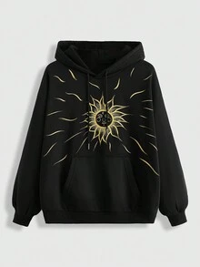 ROMWE Hippie Sudadera Con Capucha Y Cordón Con Estampado De Cara Sonriente De Sol Para Mujer - Negro - Ver 1