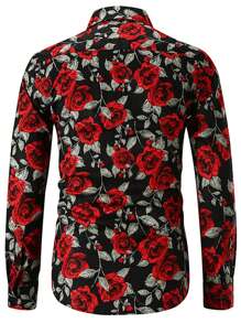 NITAGUT Men Allover Rose Print Shirt, Fall, Long Sleeve Top - Multicolor - View 2