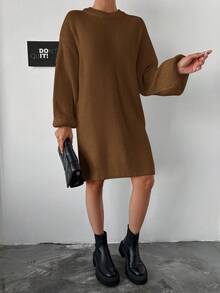 EURMUSE Women's Round Neck Solid Color Drop Shoulder Sweater Dress - Rust Brown - View 5