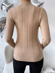 SHEIN Essnce 小高領條紋針織套頭毛衣 - 杏色 - 查看 2