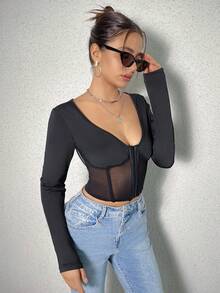 SHEIN SXY Vá lại Không lưng Lưới trong suốt Tay áo dài Áo Với Móc và mắt Khép kín - màu đen - Xem 5