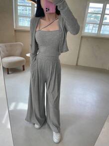 DAZY Solid Color Minimalist Top & Pants Women's Set,Women Two Piece Sets