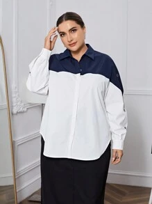 SHEIN Essnce Plus Two Tone Drop Shoulder Shirt - Multicolor - View 3