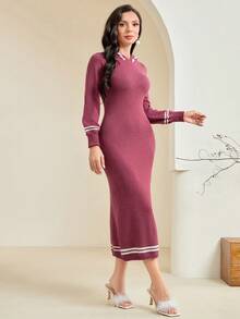 Modelyn Sọc trang trí Tay áo lồng đèn áo có mũ Đầm Áo len - Màu đỏ tím - Xem 5