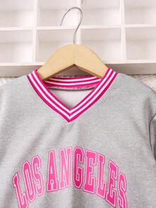 SHEIN Young Girl Letter Graphic Striped Trim Sweatshirt & Sweatpants - Grey - View 5