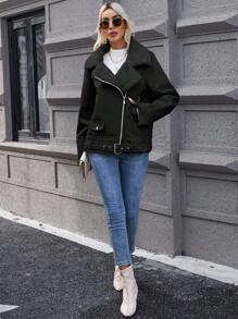 SHEIN Essnce Dây kéo Thắt lưng Hem Áo khoác moto - màu đen - Xem 6