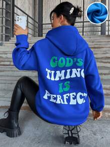 EURMUSE Slogan Graphic Drop Shoulder Hoodie - Blue - View 1