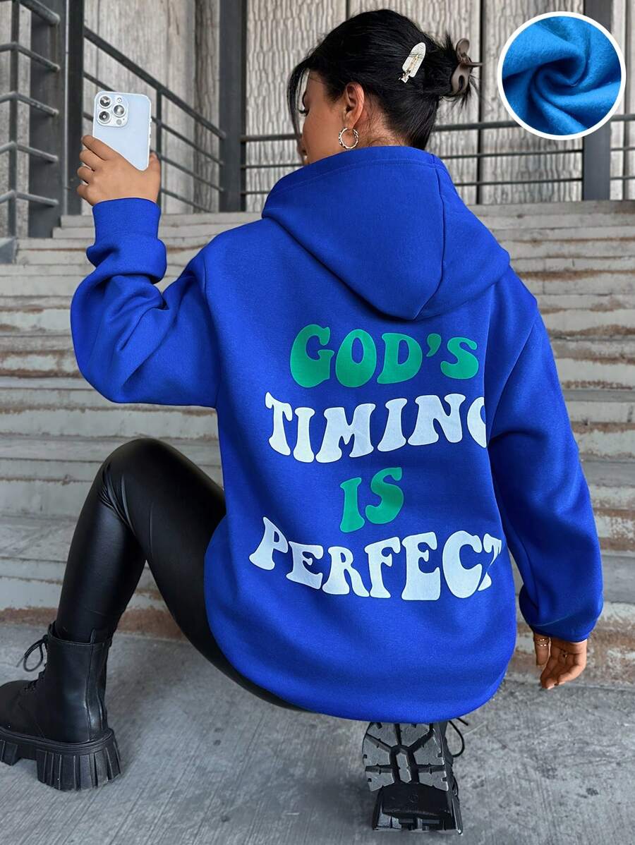 EURMUSE Slogan Graphic Drop Shoulder Hoodie - Blue - View 1