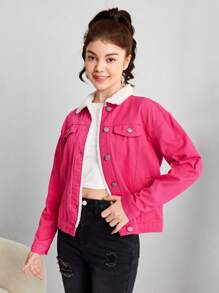 SHEIN Girls' Teenage Oversized Denim Jacket With Dropped Shoulders - Hot Pink - View 4