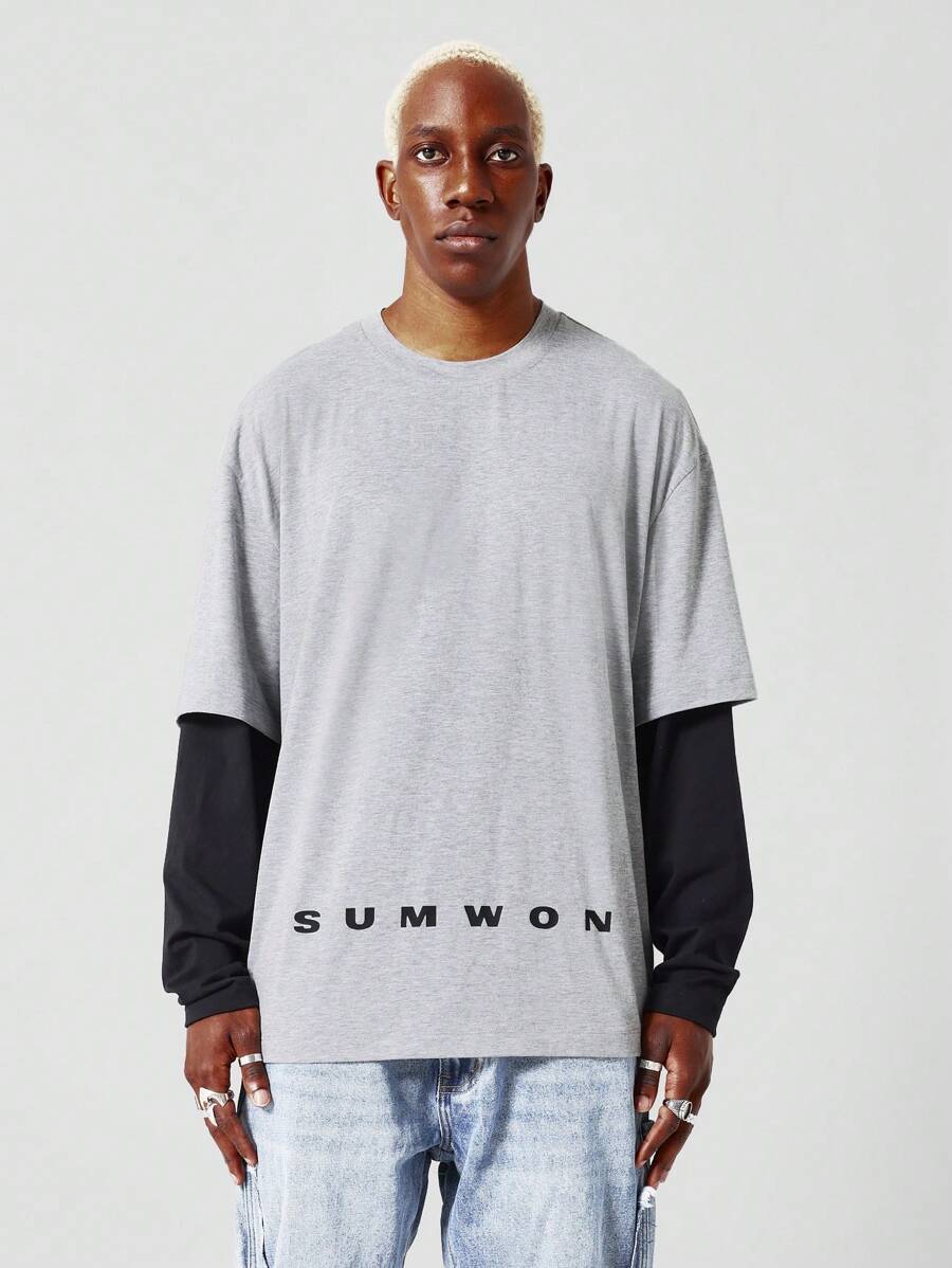 SUMWON Áo thun tay dài hai lớp - Xám - Xem 1