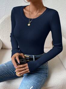 EMERY ROSE 纯色罗纹针织毛衣、长袖上衣 - 藏蓝色 - 查看 3