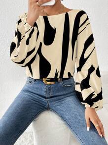 SHEIN Privé 圖案印花燈籠袖襯衫 - 杏色 - 查看 1