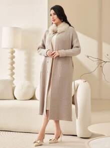 Modelyn Fuzzy Collar Drop Shoulder Belted Cardigan - Apricot - View 2