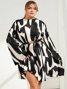 SHEIN Privé Hơn In Toàn bộ tay áo lá sen Plisse Đầm Không có thắt lưng - Nhiều màu - Xem 4