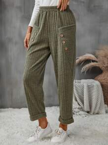 SHEIN LUNE 女性休閒純色彈性腰短褲,帶雙口袋 - 軍綠色 - 查看 5