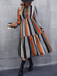 SHEIN LUNE Tie Neck Lantern Sleeve Ruffle Hem Smock Dress - Orange - View 7