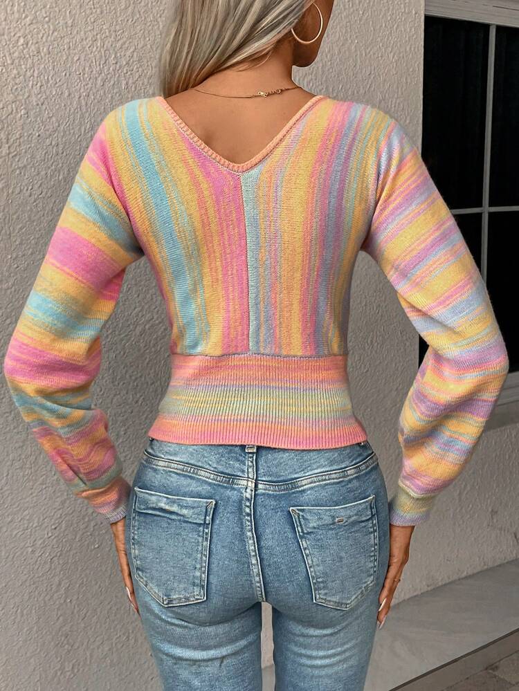 Space Dye Crossover Crop Knit Pullover Fall Winter Sweater
