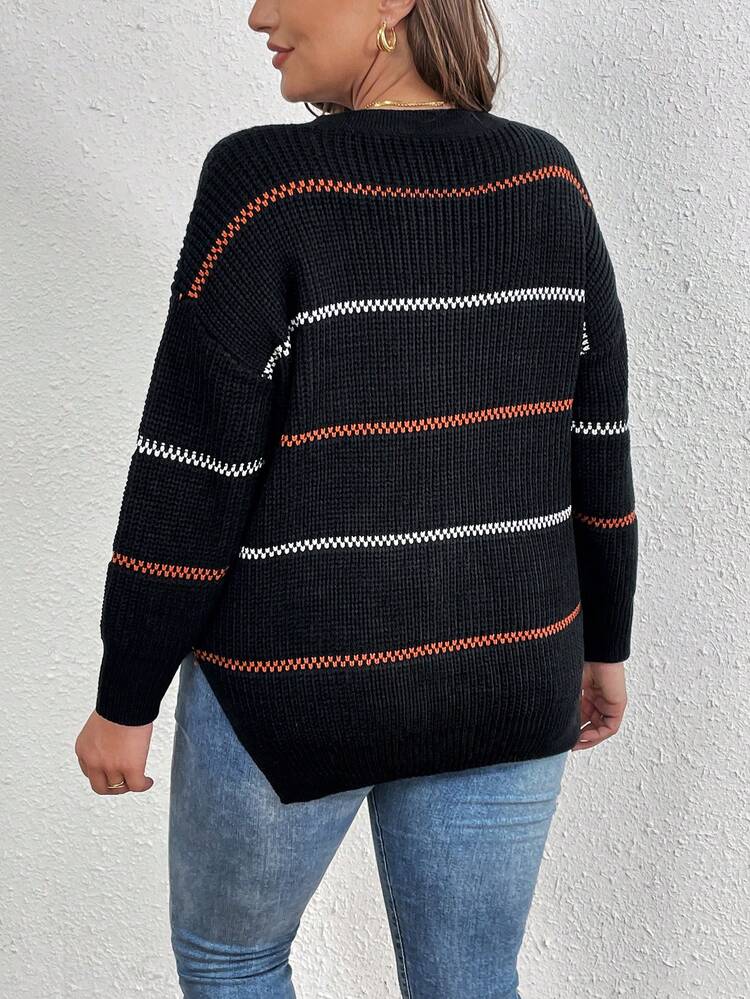 Plus Striped Pattern Lace Up Front Split Hem Drop Shoulder Sweater
