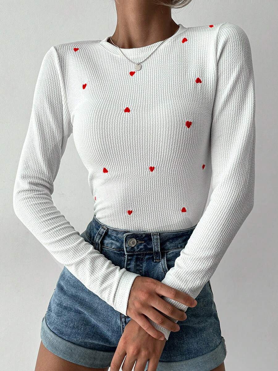 EURMUSE Heart Embroidery Ribbed Knit Tee - Red - View 1