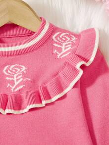 女嬰花卉圖案荷葉邊毛衣和針織褲 - 玫瑰紅 - 查看 3
