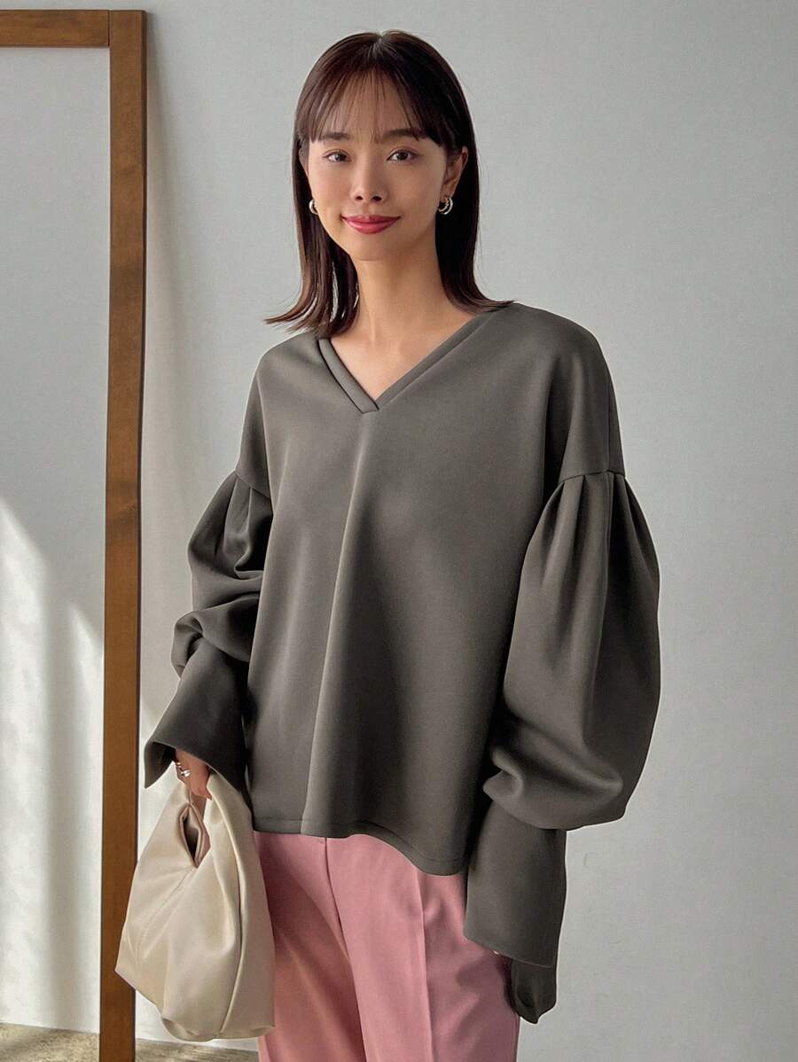 FRIFUL Women's V-Neck Drop Shoulder Sleeve Sweatshirt,Fall Clothes - Grey - View 1