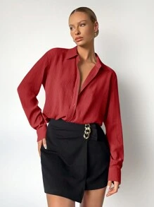 BizChic 素色前紐扣襯衫 - 紅色 - 查看 4