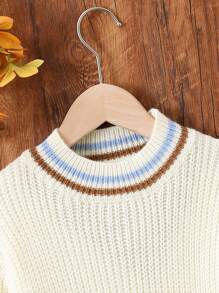 SHEIN Young Girl Striped Trim Drop Shoulder Sweater - Apricot - View 3