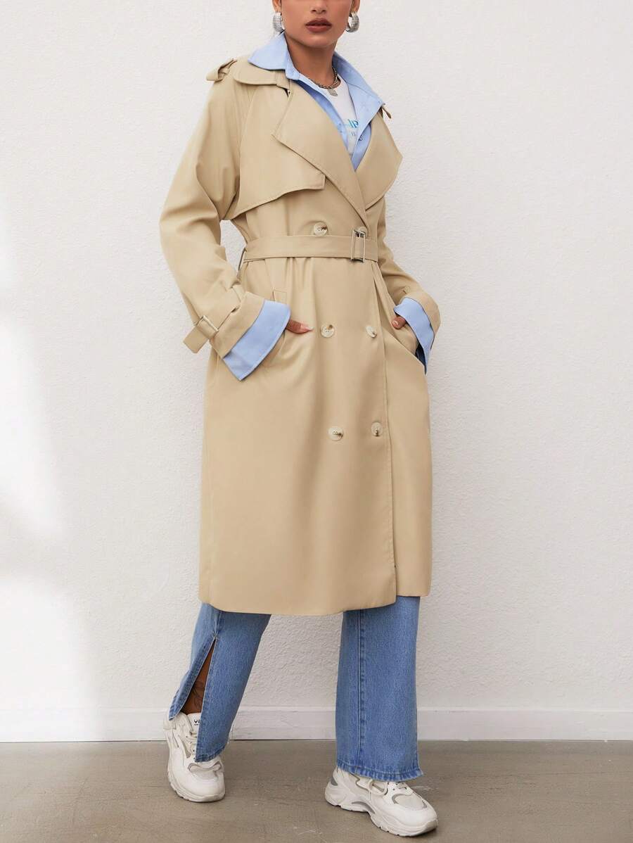 SHEIN Unity 優雅腰帶 雙排釦 口袋純色女士風衣外套 - 卡其色 - 查看 1