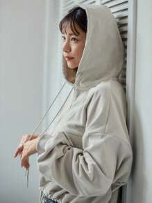 FRIFUL Một nửa khóa kéo Dây rút áo có mũ Của phụ nữ Áo nỉ - Màu Xám nhạt - Xem 4