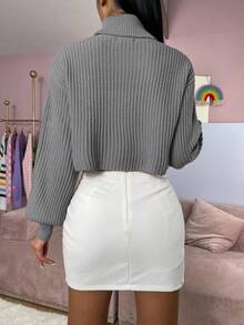 SHEIN Essnce 高領條紋針織落肩袖套頭毛衣 - 深灰色 - 查看 2