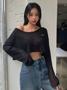 Dazy Star 女士宽松圆领上衣透明长袖女式上衣，秋季女装短款女式上衣 - 黑色 - 查看 1