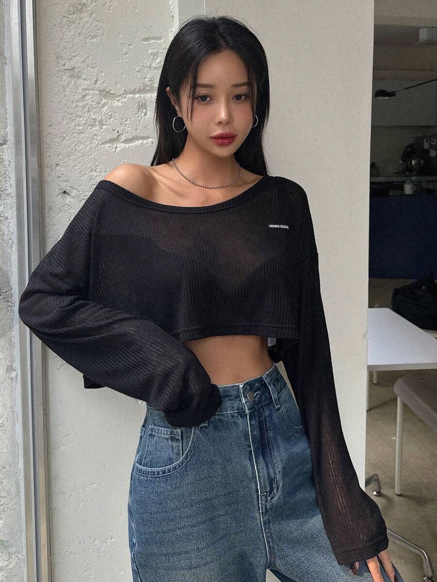 Dazy Star 女士宽松圆领上衣透明长袖女式上衣，秋季女装短款女式上衣 - 黑色 - 查看 1