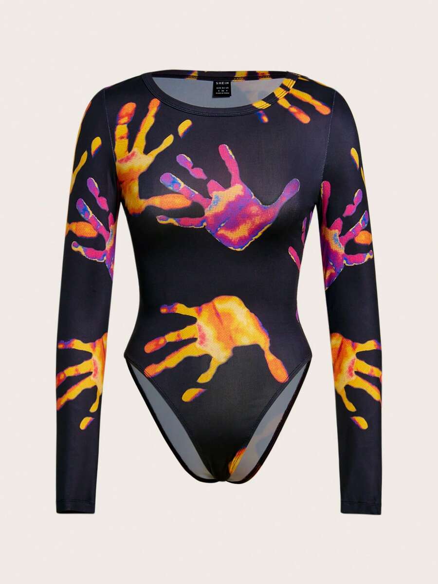SHEIN Coolane 手掌圖案修身連體衣 - 黑色 - 查看 1