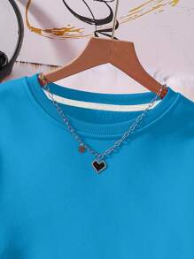 SHEIN EZwear 女士純色毛絨衛衣和運動長褲套裝 - 藍色 - 查看 3