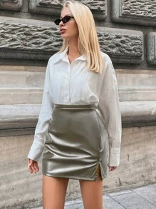 SHEIN Cottnline Solid Color Slit Hem Skirt - Army Green - View 3