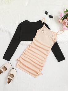 SHEIN 女大童素色吊帶洋裝&超短版圍裹T恤 - 黑色 - 查看 2