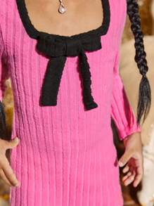 SHEIN Cô Gái Trẻ Viền tương phản Nơ mặt trước Đầm - Hồng - Xem 4