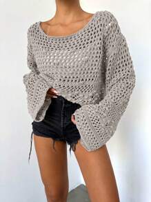 SHEIN 1入組船領鏤空針織套頭毛衣 - 杏色 - 查看 1