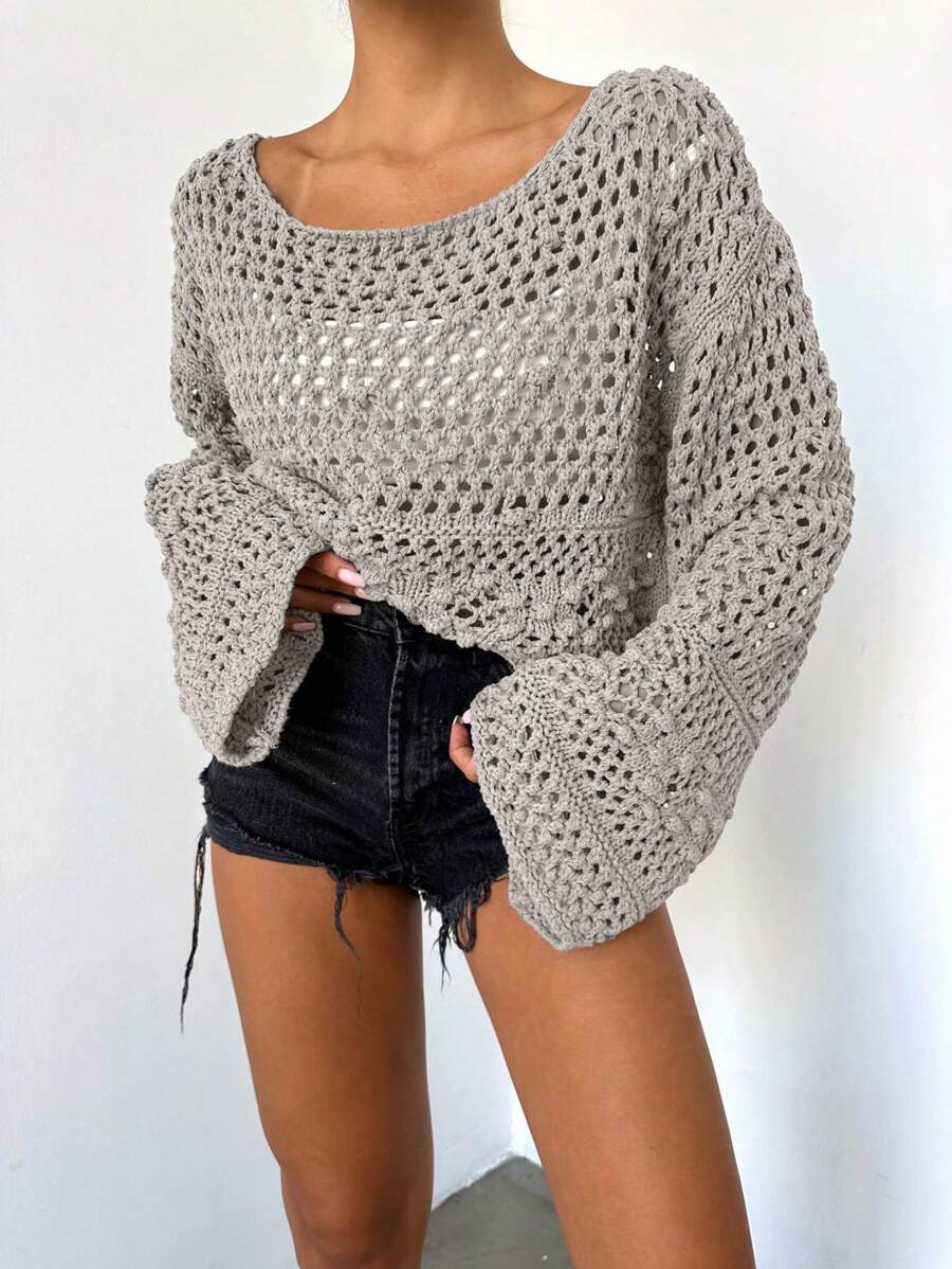 SHEIN 1入組船領鏤空針織套頭毛衣 - 杏色 - 查看 1