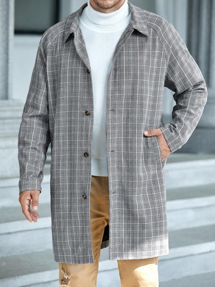 Loose Fit Men Plus Size Plaid Print Raglan Sleeve Coat, For Fall Winter