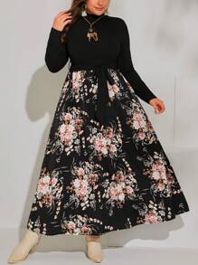 SHEIN VCAY Plus Floral Print Mock Neck Belted Dress - Multicolor - View 5