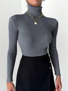 EURMUSE Turtleneck Solid Color Sweater - Dark Grey - View 4