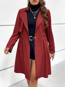 SHEIN Essnce Plus Lapel Neck Trench Coat - Burgundy - View 4